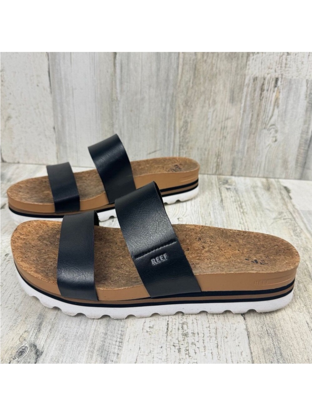 Reef Women’s Black Double-Strap Cork Platform Slide Sandal